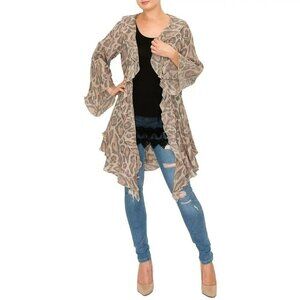 New ORIGAMI Women’s Size S/M Ruffled Kimono In Leopard Bohemian Beige/Gray